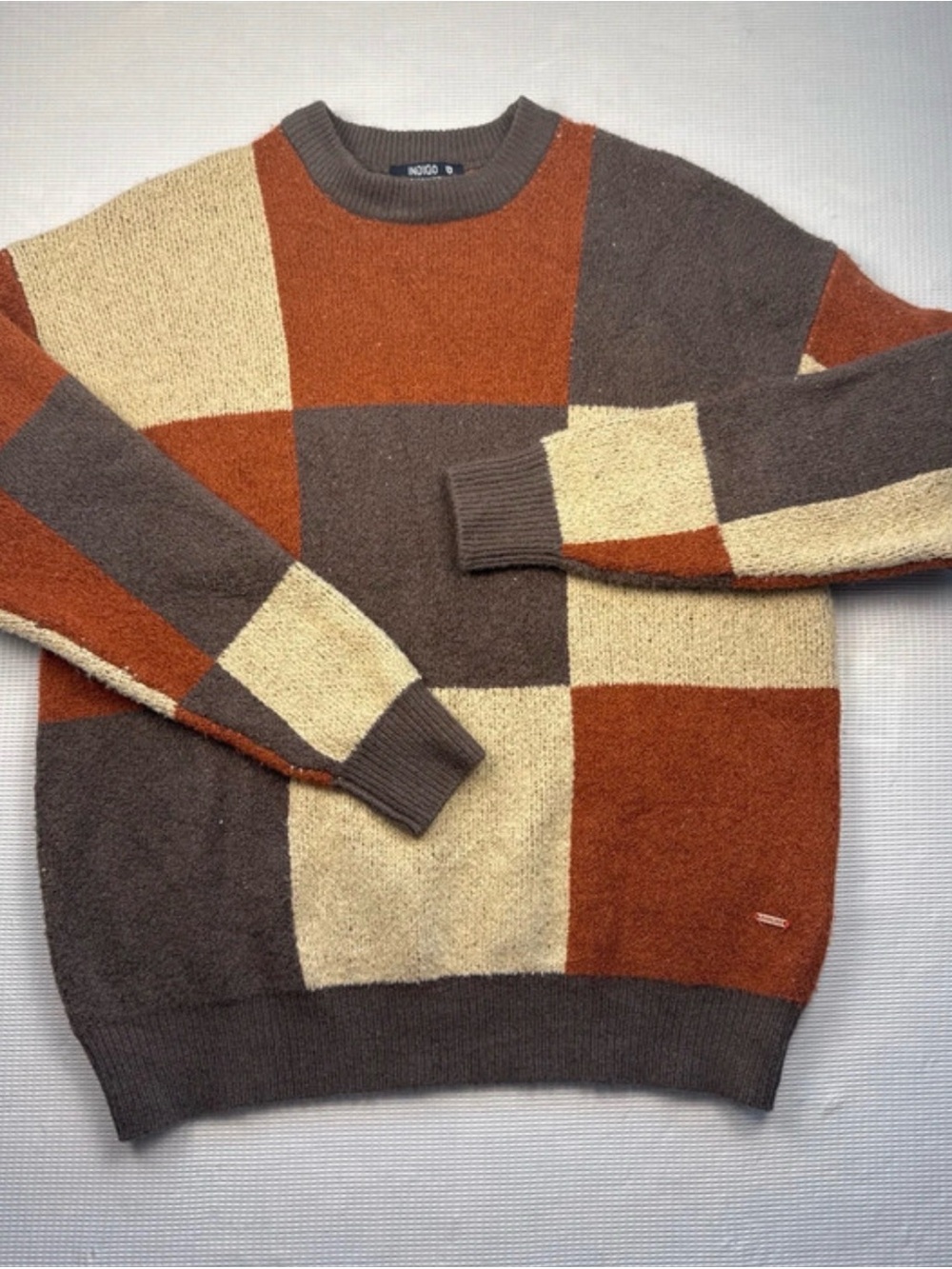 Indigo Block-Pattern Crewneck Sweater — Brown, Rust & Cream